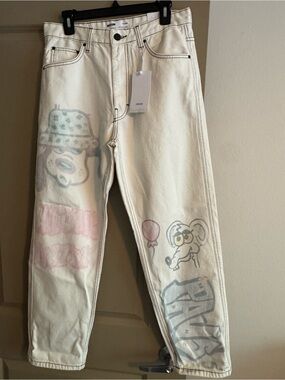 Bershka Cream Denim Jeans with Printed Tag Detail
